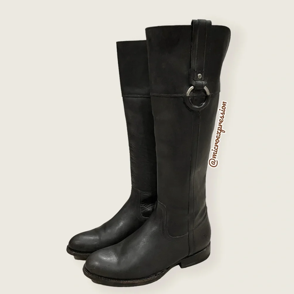 $389 Frye Jamie Ring Tall Distressed Stone Black Leather Knee High Zip Up Boot